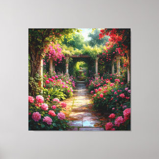 Üppiger Gartenweg mit Rosensträuchern Leinwanddruck