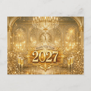 Üppiger Goldener Ballsaal Frohes Neues Jahr 2027 Feiertagspostkarte