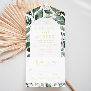 Üppiger Grünbogenrahmen-Folie Hochzeit All-in-One-Einladung