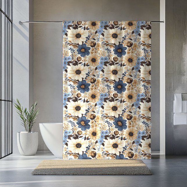 Üppiger Navy-Blauer Elfenbein-Blumen-Boho-Hausvorh Duschvorhang (Opulent Navy Blue Ivory Floral Boho Home Curtain

)