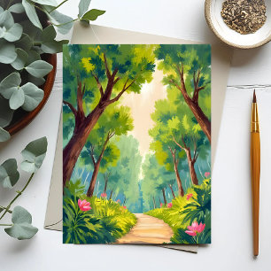 Üppiger Waldspaziergang Grüne Natur Aquarell Postkarte