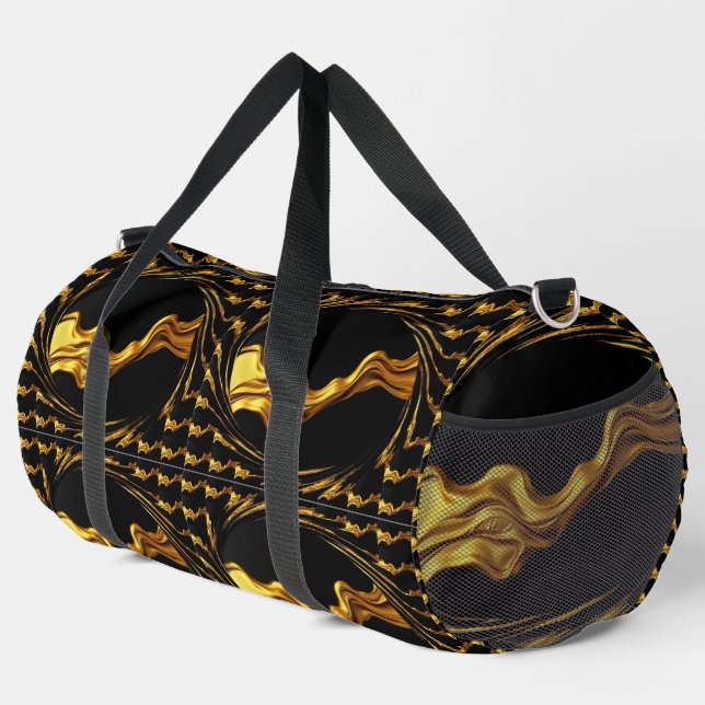 Üppiger Wirbel Flüssiges Gold Schwarzes Monochrom  Duffle Bag (Rechte Ecke)