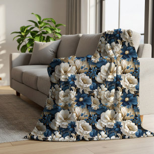 Üppiges Blau Weiß Elfenbein Floral Weiches Sherpa Sherpadecke