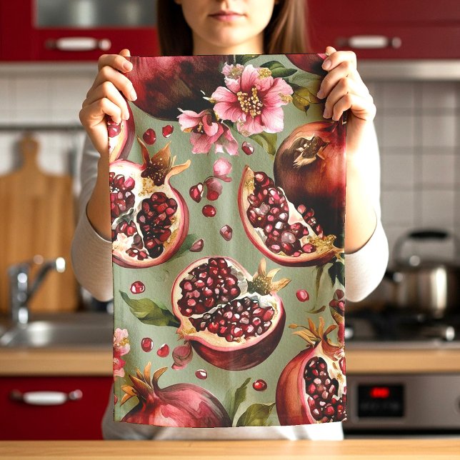 Üppiges Granatapfel-Frucht- und Blumenmuster Geschirrtuch (Von Creator hochgeladen)