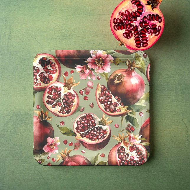 Üppiges Granatapfel-Frucht- und Blumenmuster Pappteller (Von Creator hochgeladen)