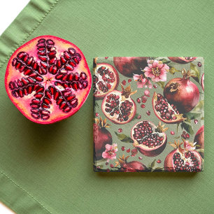 Üppiges Granatapfel-Frucht- und Blumenmuster Steinuntersetzer
