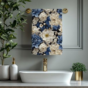 Üppiges Navy Blau Elfenbein Gold Blumen Handtuch Badhandtuch Set