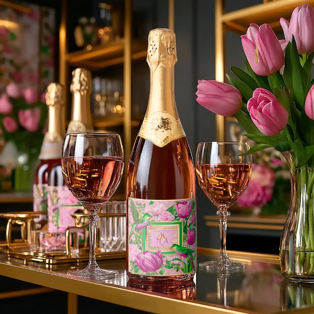 Üppiges Rosa Grün Botanisches Soirée-Getränk (Vibrant Fun Spring and Summer Soiree Personalized Wine Bottle Labels )