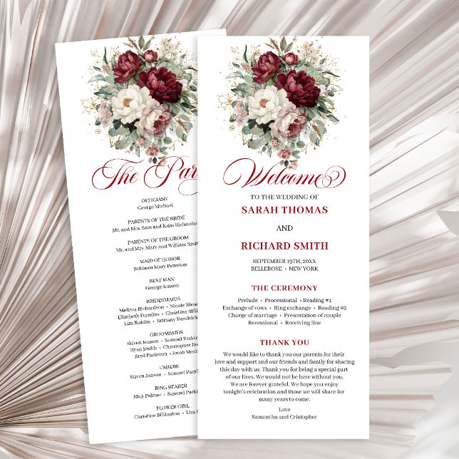 Üppiges Rosafarbenes Burgunder Florales Hochzeitsp Programm (Opulent Blush Burgundy Floral Wedding Program)