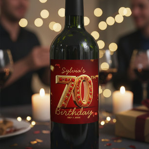Üppiges Rubinrot-Gold-Glitter 70. Geburtstag Weinetikett