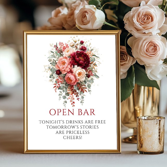 Üppiges Tiefrotes Boho-Blumen-Open-Bar-8x10-Schild Poster (Opulent Deep Red Boho Floral Open Bar 8x10 Sign

)