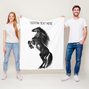 Upright Black Wild Horse Fleece Blanket Your Text
