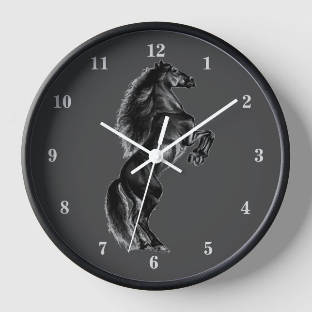 Upright Black Wild Horse Wall Clock-Geschenk Uhr (Vorderseite)