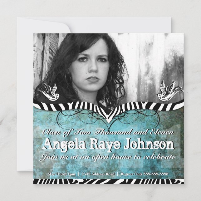 Urban & Angesagt Tattoo Blue Grunge & Zebra Einlad Einladung (Vorderseite)