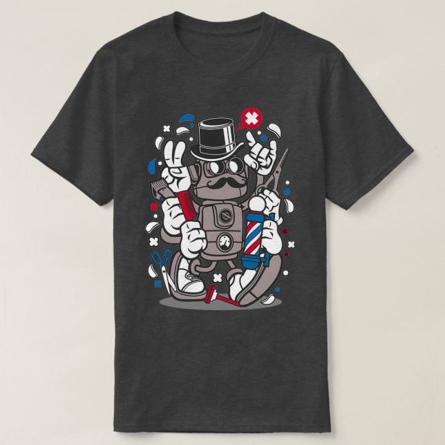 Urban Barber Hipster Robot Hair Cut Sticker T-Shirt (Design vorne)