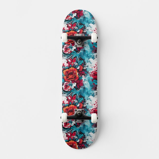 Urban Bloom: Red & Blue Rose Graffiti Skateboard (Vorderseite)
