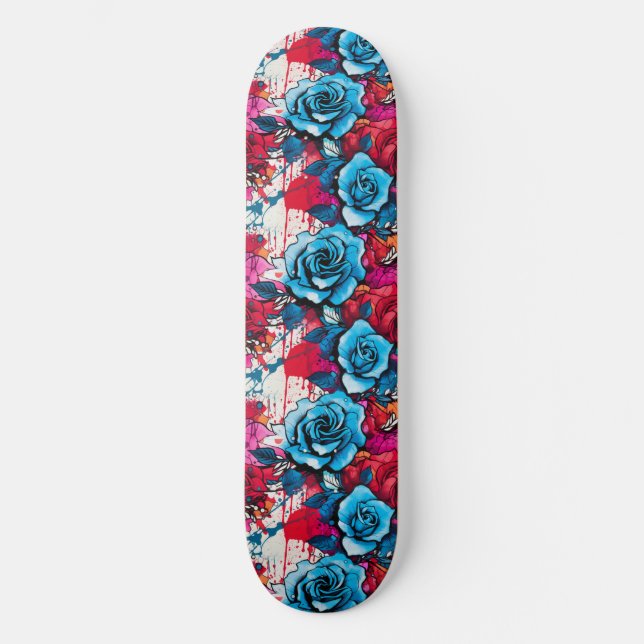 Urban Bloom: Red & Blue Rose Graffiti Skateboard (Vorderseite)