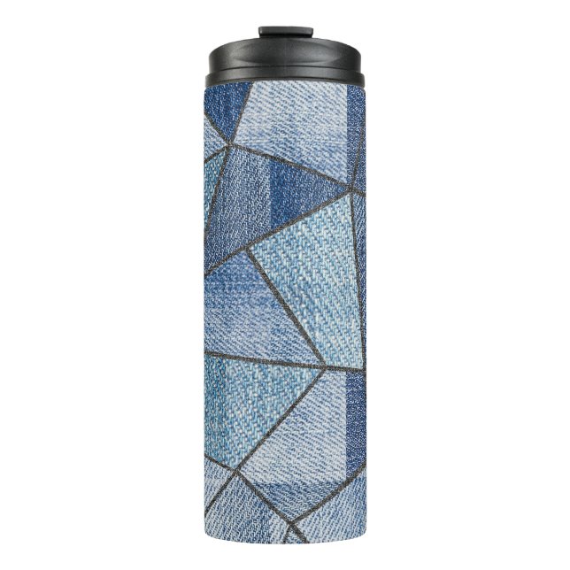 Urban Denim: gestörtes Patchwork-Design Thermosbecher (Vorderseite)