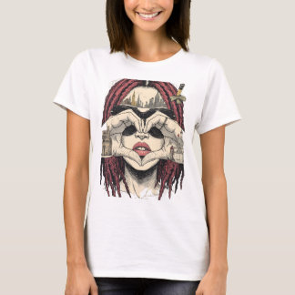 Urban Heart Vision: Pink Dreads, City Skyline, and T-Shirt