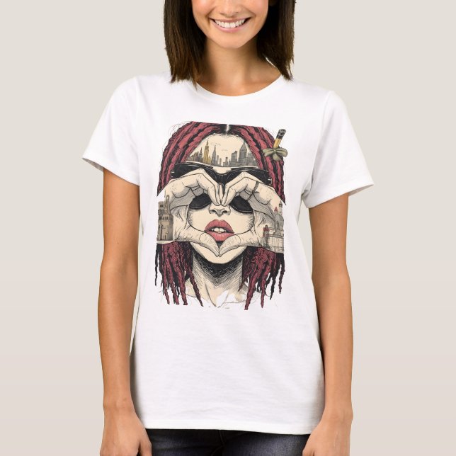 Urban Heart Vision: Pink Dreads, City Skyline, and T-Shirt (Vorderseite)