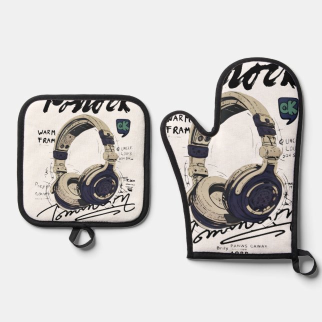 Urban Retro Headphone Vibe Illustration Ofenhandschuh & Topflappen-Set (Vorderseite)