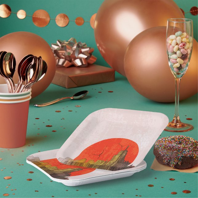 Urban Skyline mit Red Sun Grunge City Pappteller (Von Creator hochgeladen)