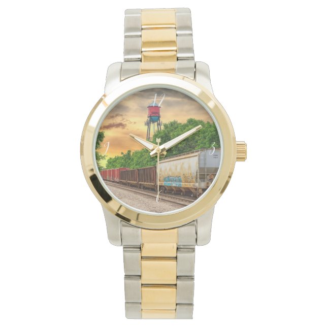 Urban Steam Punk Sunset Gold Watch Armbanduhr (Vorderseite)