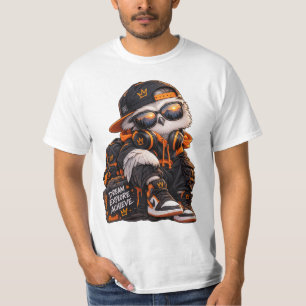 Urbaner Eulen Streetwear Art in Schwarz und Orange T-Shirt
