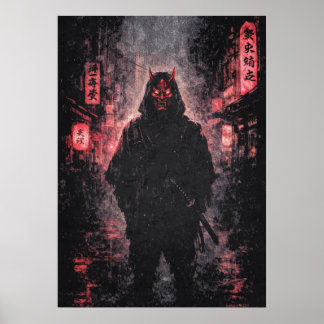 Urbaner Oni-Dämon-Samurai, japanische Anime-Kunst Poster