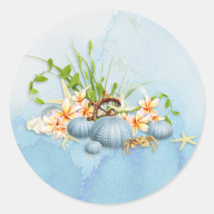 Urchin Floral Coastal Blue Sea Runder Aufkleber