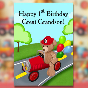 Urenkel 1. Geburtstag Teddybär Feuerwehrwagen Karte