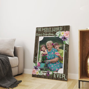 Urgroßmutter-Foto - Rustikales Holz und Blumen Leinwanddruck