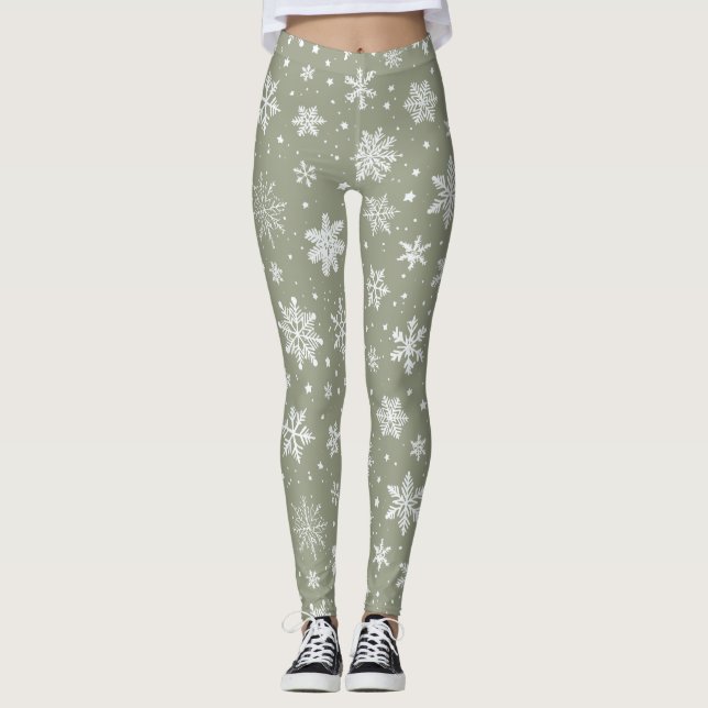 Urlaub Blassgrüne und weiße Schneeflocken Leggings (Vorderseite)