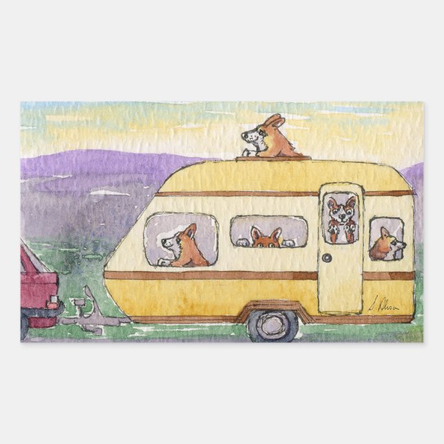 Urlaub - Corgi Hunde in einem Wohnwagen Rechteckiger Aufkleber (Vorderseite)