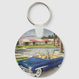 Urlaub im Sommer, Cabrio und Motel Schlüsselanhänger