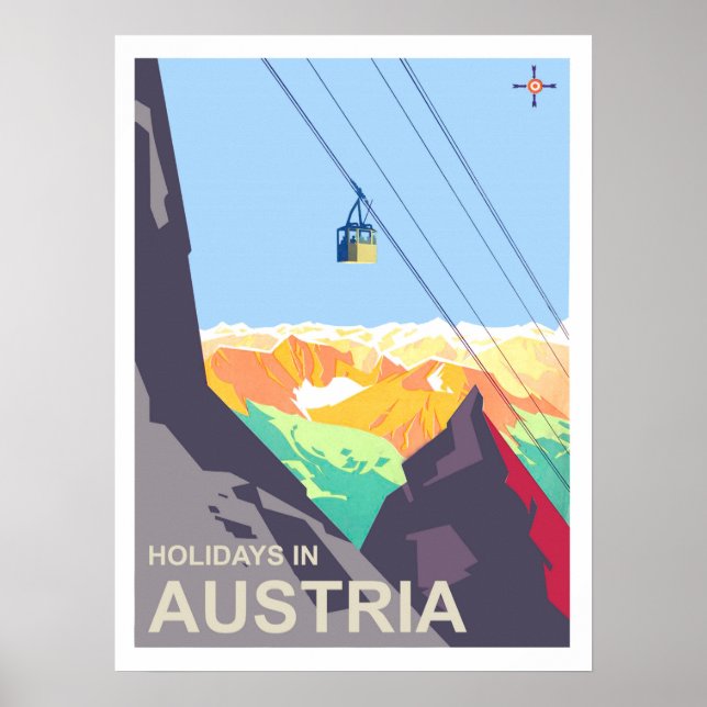 Urlaub in Österreich, Luftseilbahn, Vintage-Reise Poster (Vorne)