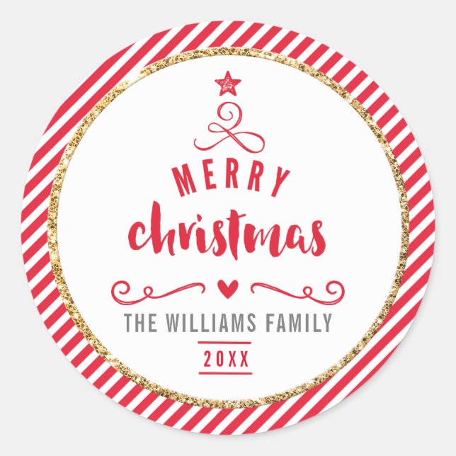 URLAUB SIEGEL fröhlicher Weihnachtsbaum Roter Stre Runder Aufkleber (Vorderseite)