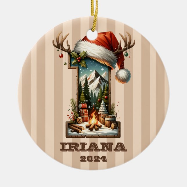 Urlaubsbrief I mit rustikaler Winterlandschaft Keramik Ornament (Vorne)