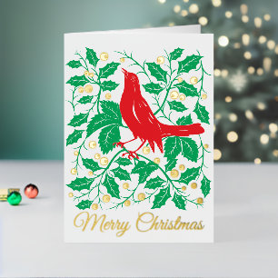 Urlaubskarte Roter Bird & Holly Faltes Foil