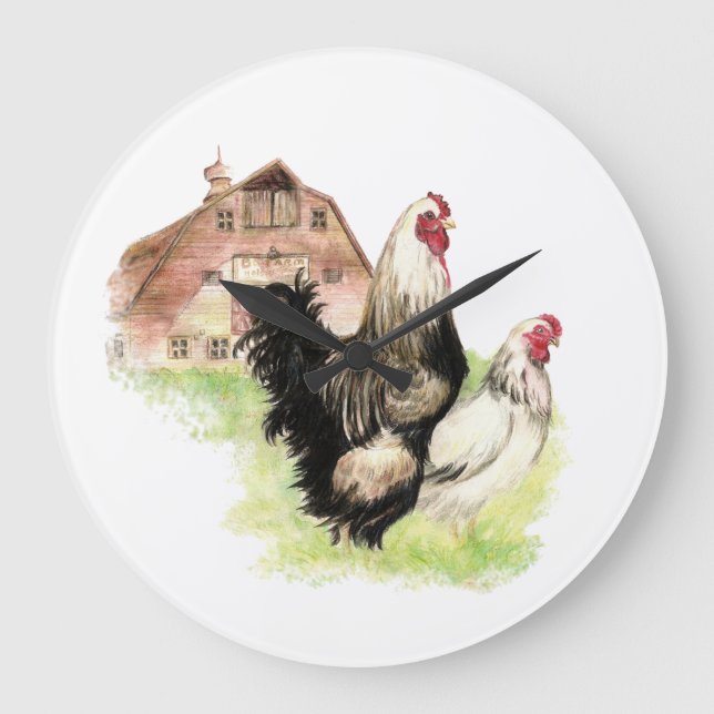 Ursprüngliche Aquarell-Bauernhof-Huhn-und Große Wanduhr (Vorderseite)