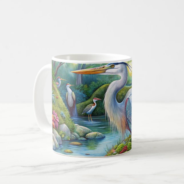 Ursprüngliche Aquarellfarbe Große Blaue Heron-Bird Kaffeetasse (Vorderseite Links)
