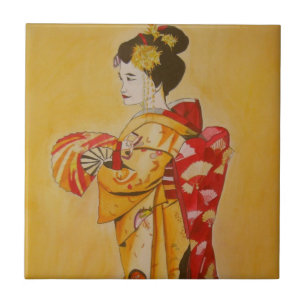 Ursprüngliche Aquarellkunst des GeishagoldKimonos Fliese