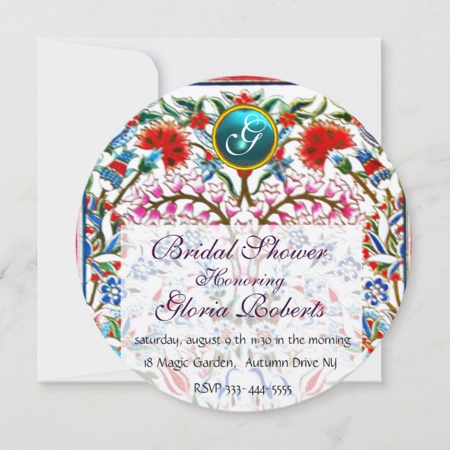 URSPRÜNGLICHE BLUME DAMASK BLUE GEM MONOGRAM EINLADUNG (Vorderseite)