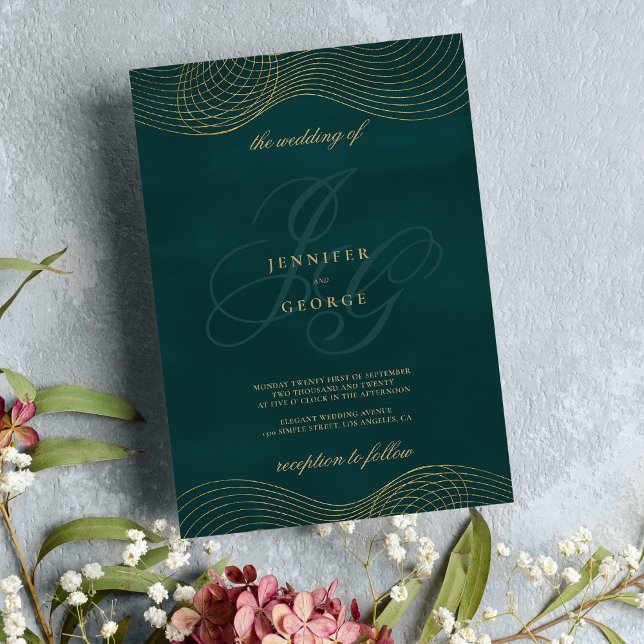 Ursprüngliche Hochzeit mit dunkelgrünem Gold Einladung (Geometric dark green gold monogram initial wedding)