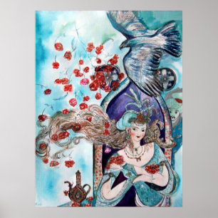 URSPRÜNGLICHE MALEREI / DRUCK, ROTE ROSEN UND HAWK POSTER