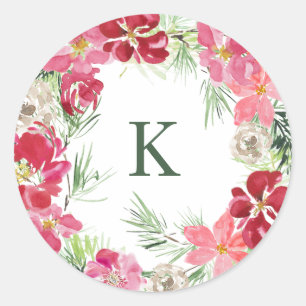 Ursprüngliche Watercolor Christmas Wreath Monogram Runder Aufkleber