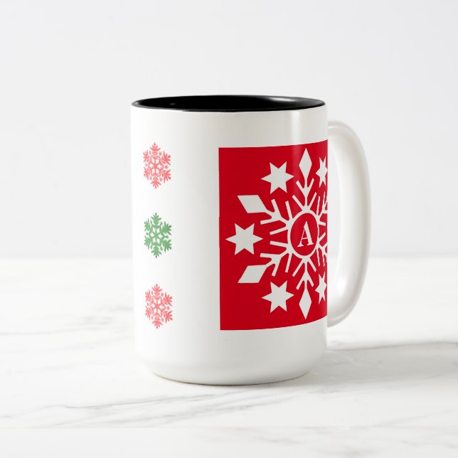 Ursprüngliche Winterschneeflocken Rotes grünes Wei Zweifarbige Tasse (VorderseiteRechts)