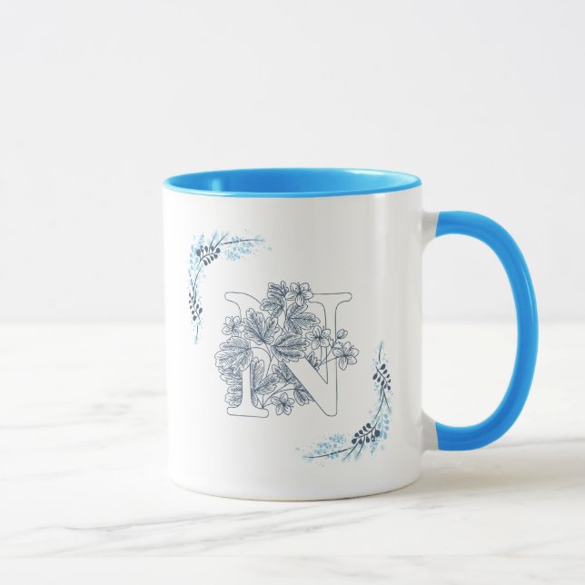 Ursprünglicher ‚N‘ Blue Monogram Calm Floral Coffe Tasse (Rechts)