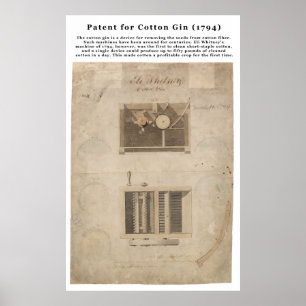 URSPRÜNGLICHES Patent für das Baumwollgin (1794) Poster