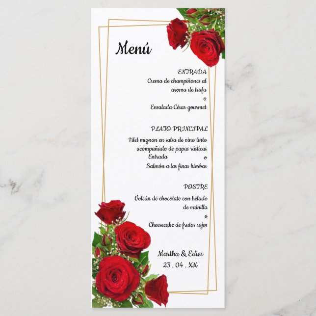 Ursprüngliches spanisches Hochzeitsmenü rote Rosen Programm (Vorderseite)